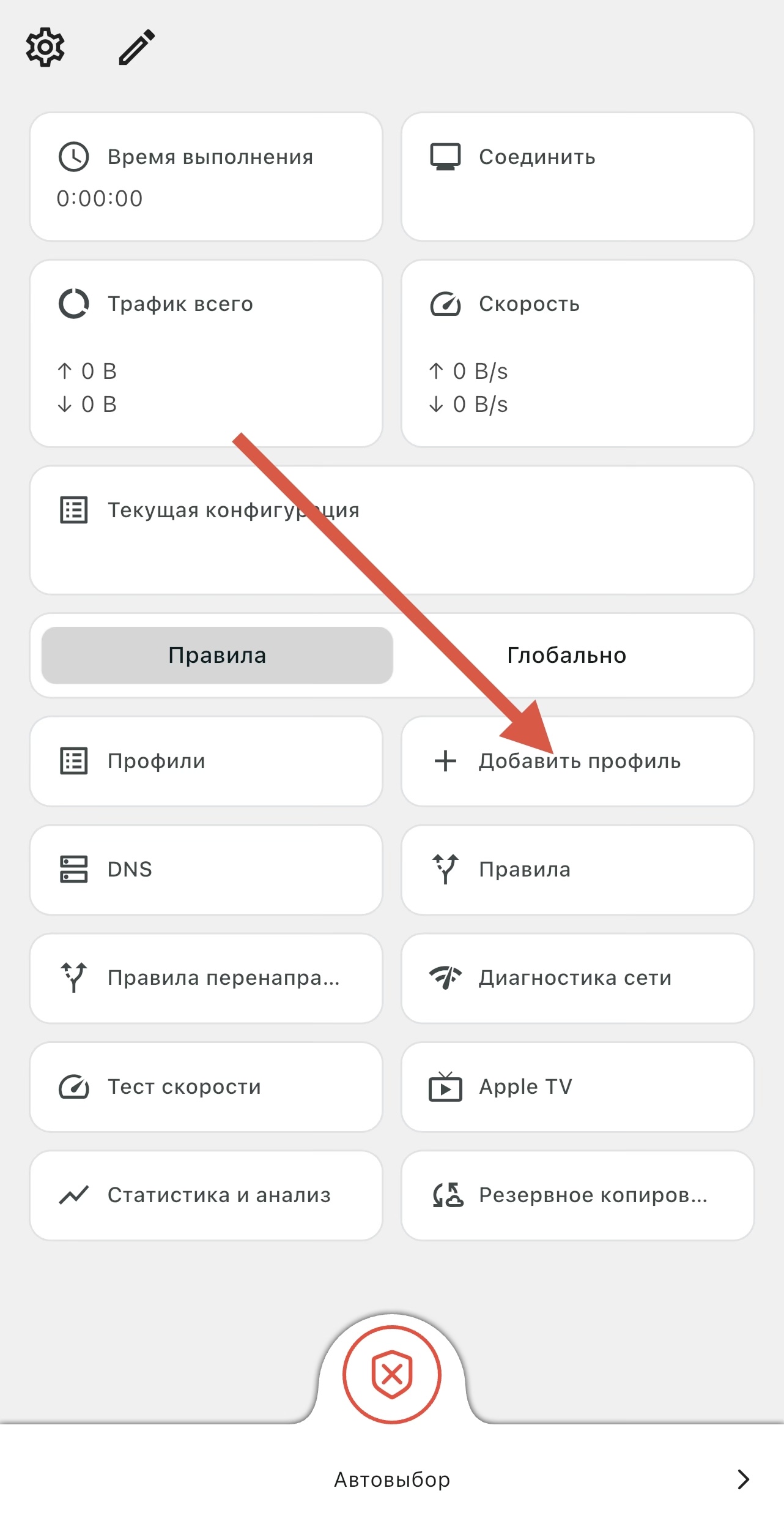 Главный экран Karing